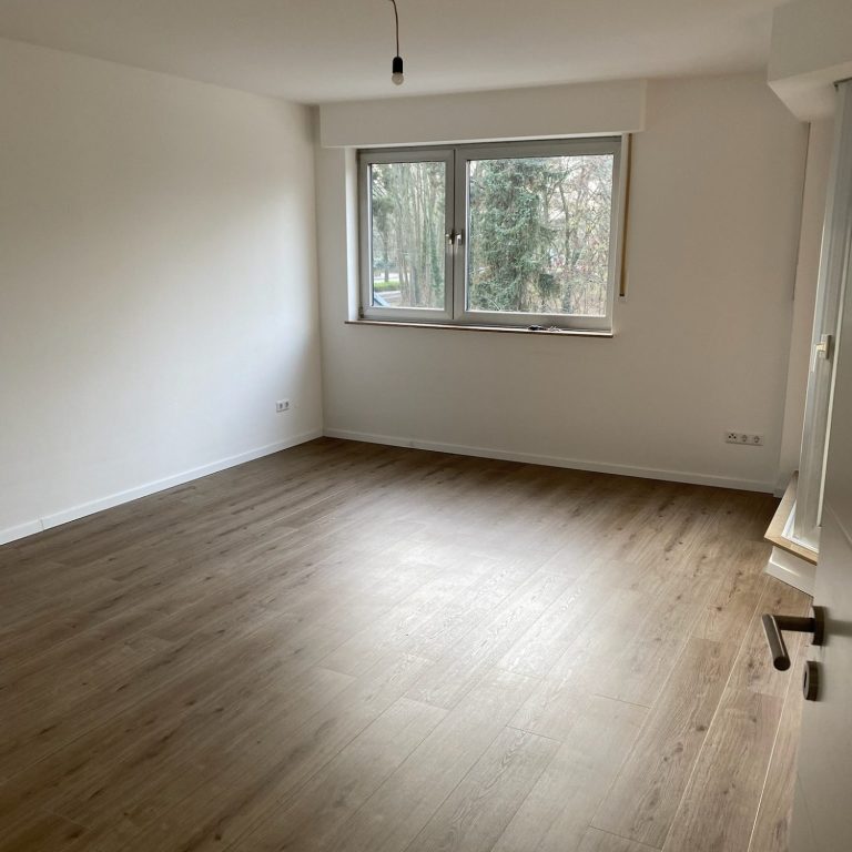 Ein neuer Bodenbelag für ein besseres Wohnklima Leeres Wohnzimmer, das frisch renoviert wurde und in das ein neuer Klick-Vinyl-Boden verlegt wurde